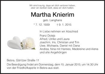 Traueranzeige von Martha Knierim von Hersfeld