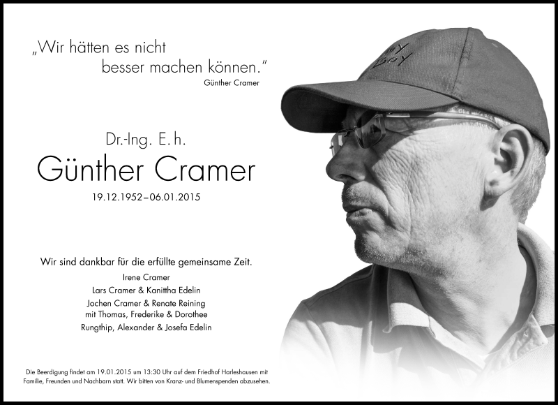  Traueranzeige für Günther Cramer vom 14.01.2015 aus Hersfeld