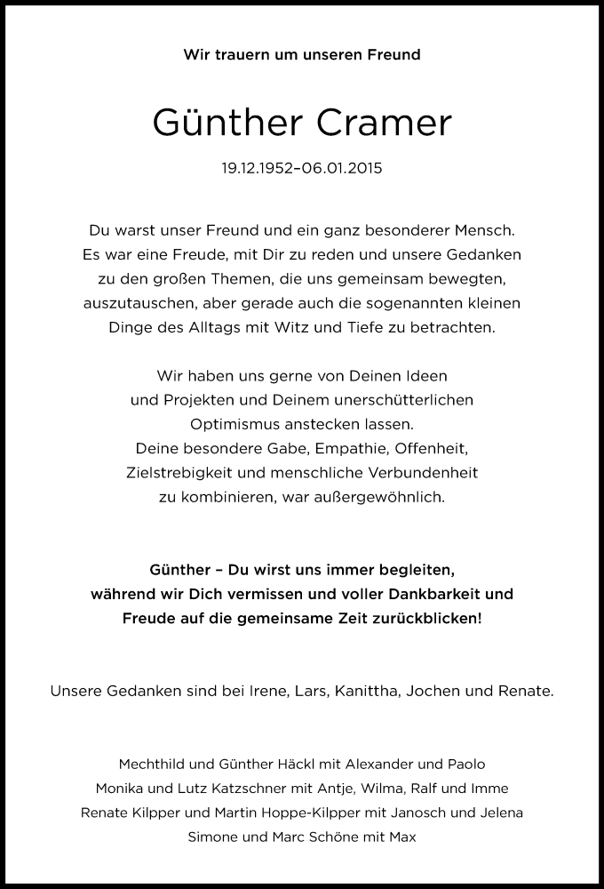  Traueranzeige für Günther Cramer vom 14.01.2015 aus Hersfeld