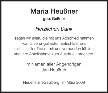 Traueranzeige von Maria Heußner von HERSFELDER ZEITUNG