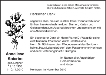 Traueranzeige von Anneliese Knierim von HERSFELDER ZEITUNG