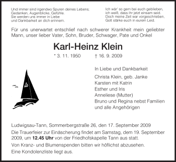 Traueranzeige von Karl-Heinz Klein von HERSFELDER ZEITUNG