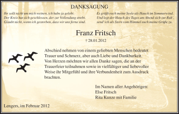 Traueranzeige von Franz Fritsch von HERSFELDER ZEITUNG