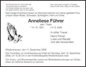 Traueranzeige von Anneliese Führer von HERSFELDER ZEITUNG