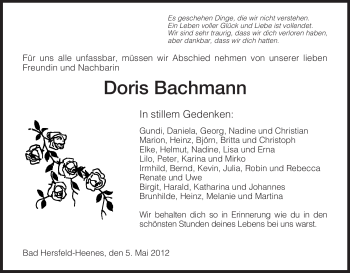 Traueranzeige von Doris Bachmann von HERSFELDER ZEITUNG