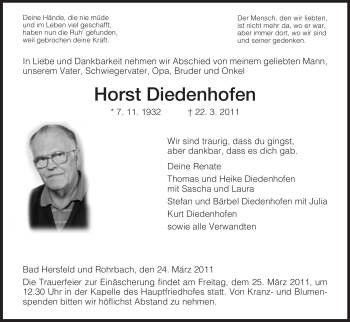 Traueranzeige von Horst Diedenhofen von HERSFELDER ZEITUNG