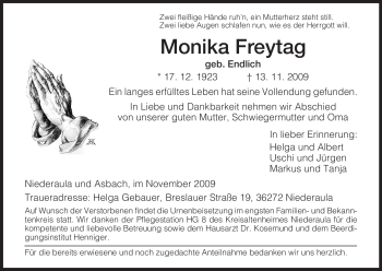 Traueranzeige von Monika Freytag von HERSFELDER ZEITUNG