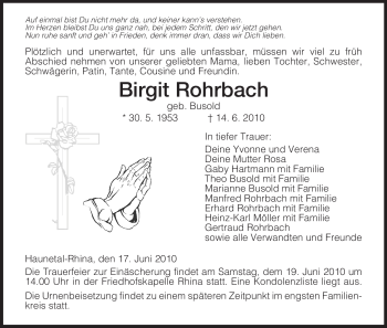 Traueranzeige von Birgit Rohrbach von HERSFELDER ZEITUNG