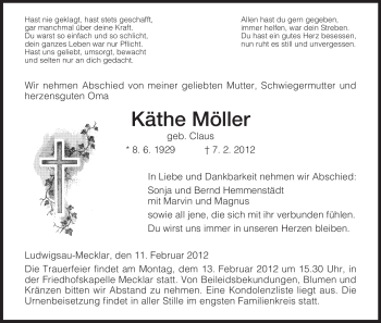 Traueranzeige von Käthe Möller von HERSFELDER ZEITUNG