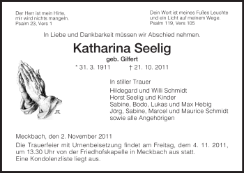 Traueranzeige von Katharina Seelig von HERSFELDER ZEITUNG