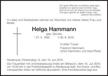 Traueranzeige von Helga Hammann von HERSFELDER ZEITUNG