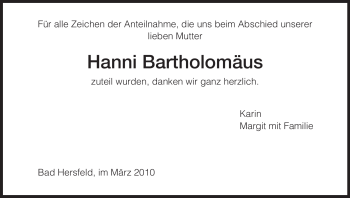 Traueranzeige von Hanni Bartholomäus von HERSFELDER ZEITUNG