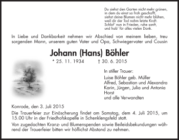 Traueranzeige von Johann Böhler von Hersfeld