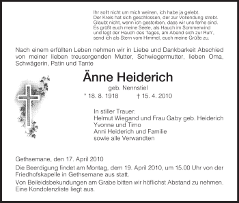 Traueranzeige von Änne Heiderich von HERSFELDER ZEITUNG