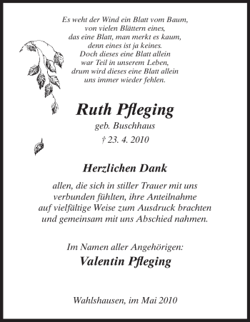 Traueranzeige von Ruth Pfleging von HERSFELDER ZEITUNG