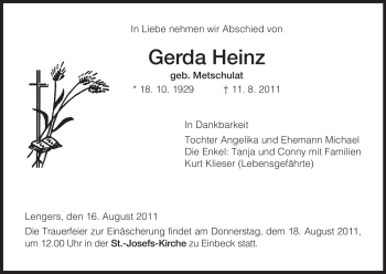 Traueranzeige von Gerda Heinz von HERSFELDER ZEITUNG