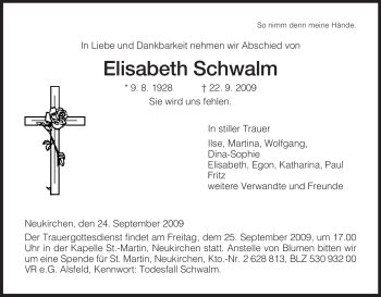 Traueranzeige von Elisabeth Schwalm von HERSFELDER ZEITUNG