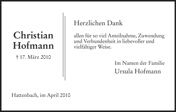 Traueranzeige von Christian Hofmann von HERSFELDER ZEITUNG