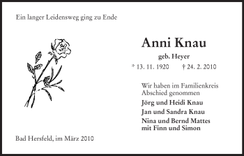 Traueranzeige von Anni Knau von HERSFELDER ZEITUNG