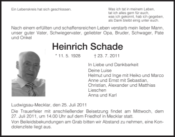 Traueranzeige von Heinrich Schade von HERSFELDER ZEITUNG