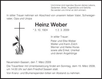 Traueranzeige von Heinz Weber von HERSFELDER ZEITUNG