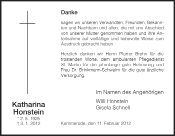 Traueranzeige von Katharina Honstein von HERSFELDER ZEITUNG