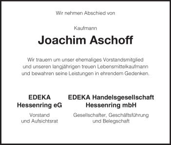Traueranzeige von Joachim Aschoff von HERSFELDER ZEITUNG