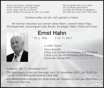 Traueranzeige von Ernst Hahn von HERSFELDER ZEITUNG