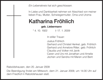 Traueranzeige von Katharina Froehlich von HERSFELDER ZEITUNG