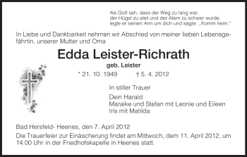 Traueranzeige von Edda Leister-Richrath von HERSFELDER ZEITUNG