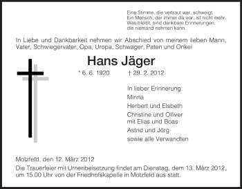 Traueranzeige von Hans Jäger von HERSFELDER ZEITUNG