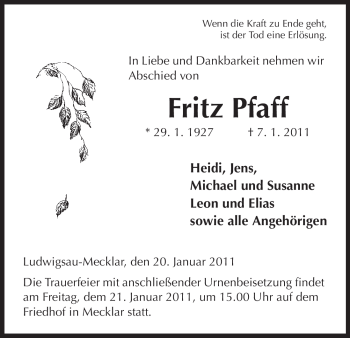 Traueranzeige von Fritz Pfaff von HERSFELDER ZEITUNG