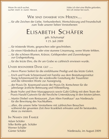 Traueranzeige von Trauerdank Elisabeth von HERSFELDER ZEITUNG