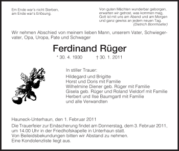 Traueranzeige von Ferdinand Rüger von HERSFELDER ZEITUNG