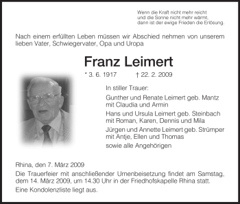 Traueranzeige von Franz Leimert von HERSFELDER ZEITUNG