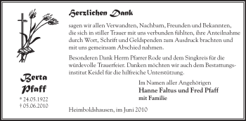 Traueranzeige von Berta Pfaff von HERSFELDER ZEITUNG