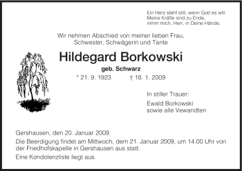 Traueranzeige von Hildegard Borkowski von HERSFELDER ZEITUNG