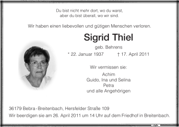 Traueranzeige von Sigrid Thiel von HERSFELDER ZEITUNG