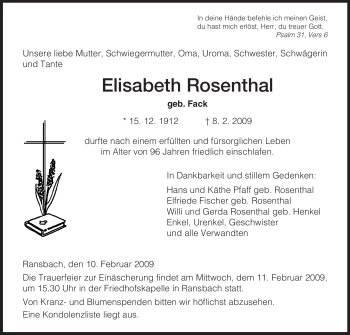 Traueranzeige von Elisabeth Rosenthal von HERSFELDER ZEITUNG