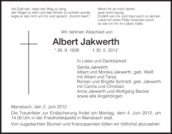 Traueranzeige von Albert Jakwerth von HERSFELDER ZEITUNG
