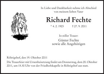 Traueranzeige von Richard Fechte von HERSFELDER ZEITUNG