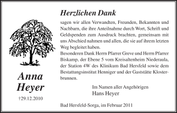 Traueranzeige von Anna Heyer von HERSFELDER ZEITUNG