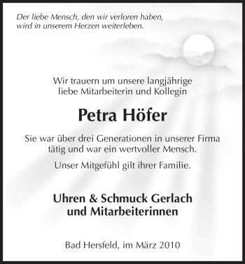 Traueranzeige von Petra Höfer von HERSFELDER ZEITUNG