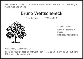 Traueranzeige von Bruno Wettschereck von HERSFELDER ZEITUNG