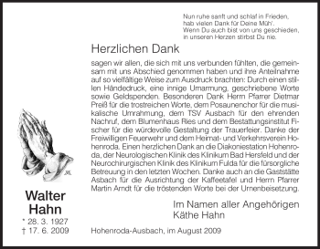 Traueranzeige von Walter Hahn von HERSFELDER ZEITUNG