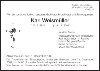 Traueranzeige von Karl Weismüller von HERSFELDER ZEITUNG