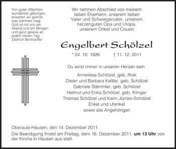 Traueranzeige von Engelbert Schölzel von HERSFELDER ZEITUNG