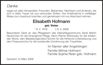 Traueranzeige von Elisabeth Hofmann von HERSFELDER ZEITUNG