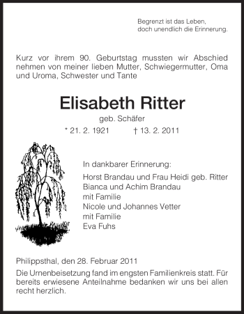 Traueranzeige von Elisabeth Ritter von HERSFELDER ZEITUNG