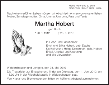 Traueranzeige von Martha Hobert von HERSFELDER ZEITUNG